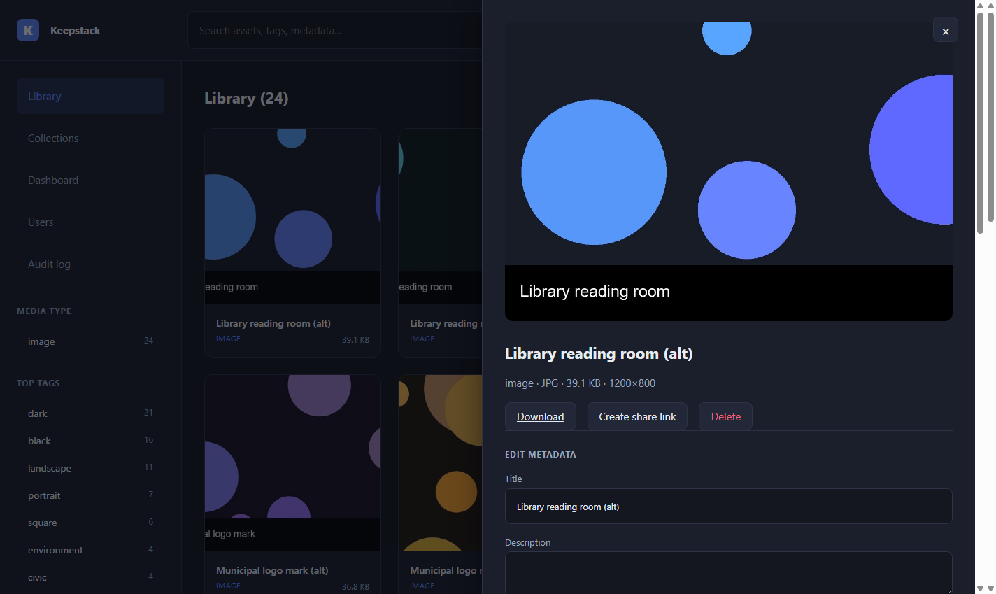 Asset detail drawer with a large preview and inline metadata editing