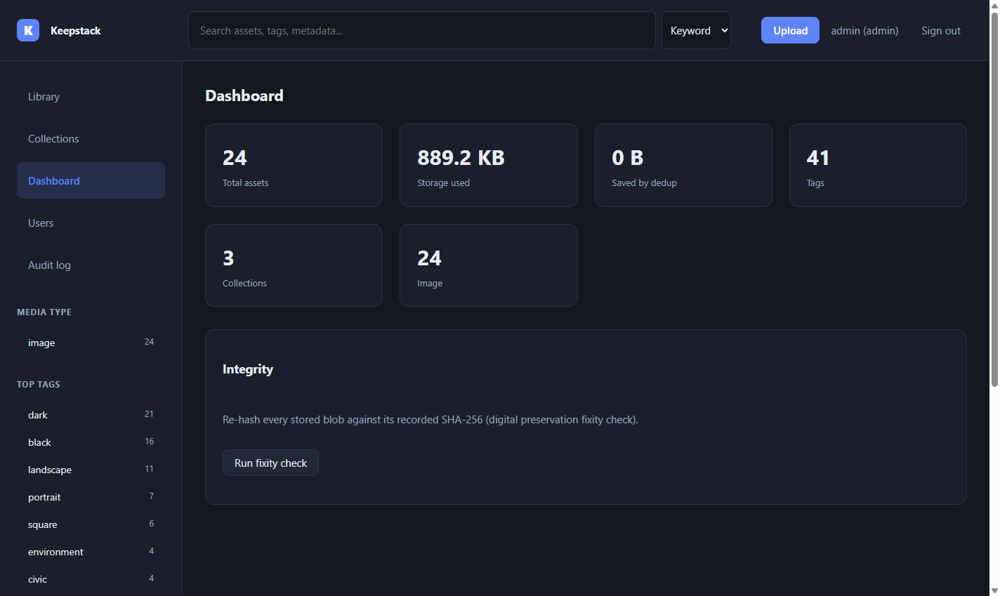 Dashboard with asset counts and a fixity check panel