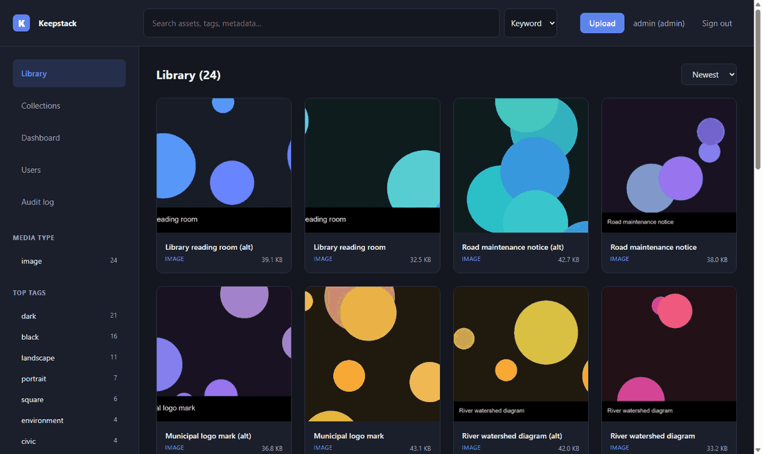 Keepstack in use: the library, semantic search, an asset detail view, and the dashboard
